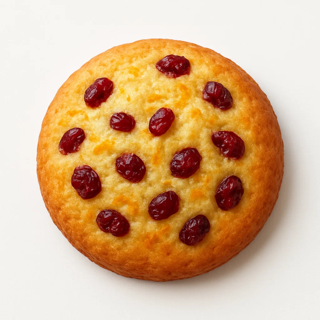 “Orange Cranberry Muffin Top with golden crust and cranberries on a white background.”